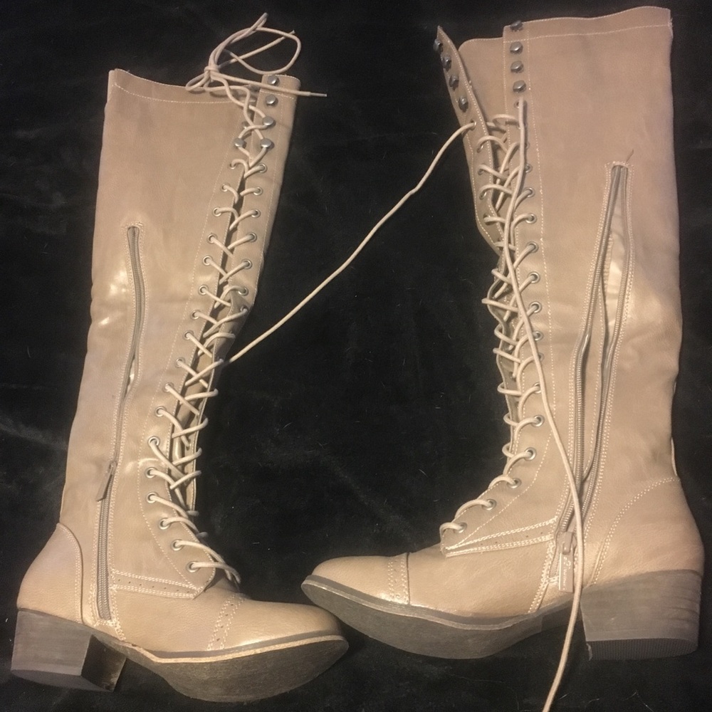 Over the knee tan lace up boots